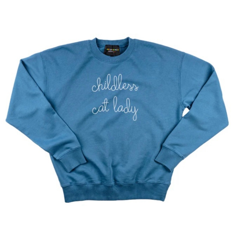 Lingua Franca “childless cat lady” sweatshirt (Women’s XL) blue / white thread